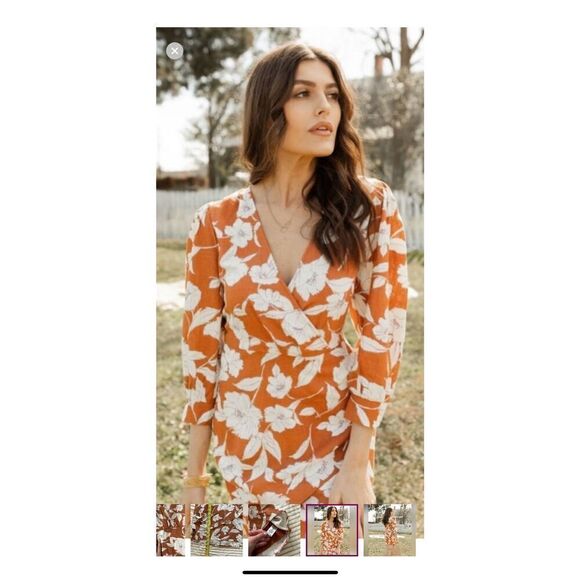 LUSH Linen Surplice Wrap Dress Bubble Sleeves Burnt Orange Floral V Neck Small - Picture 1 of 10